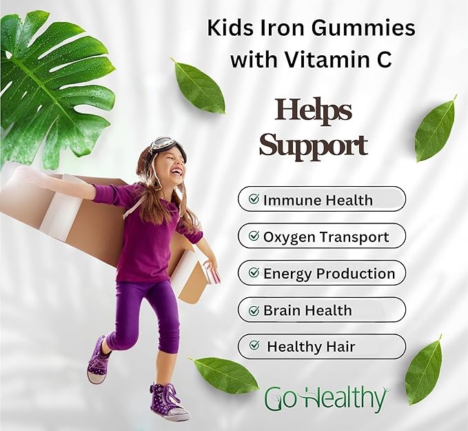 Go Healthy Iron Gummies for Kids, Toddlers, Teens with Vitamin C, Vegan Supplement - Children's Energy, Brain & Immune Support - Grape Flavor, Gluten Free, Kosher, Halal - 30 Servings