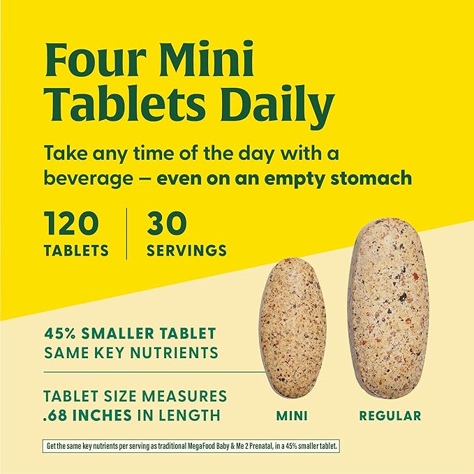 MegaFood Baby & Me 2 Prenatal Vitamin & Minerals - Vitamins for Women - with Folate (Folic Acid Natural Form), Choline, Iron, Iodine, Vitamin C, Vitamin D and More - 120 Mini Tabs (30 Servings)