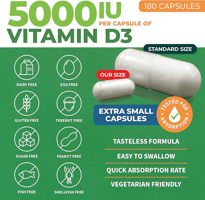 ForestLeaf Vitamin D3 5000 IU - Bone Health and Immune Support - Small Easy to Swallow Vegetable Capsules - Non-GMO Gluten Free VIT D - VIT D3 Vitamin D Supplements for Women and Men, 180 Count