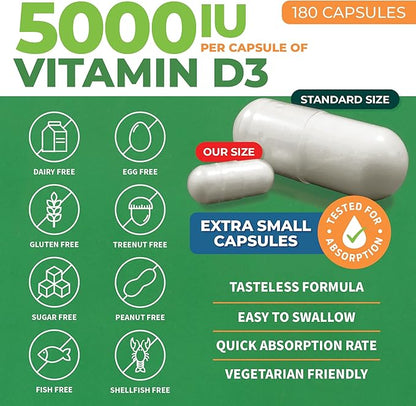 ForestLeaf Vitamin D3 5000 IU - Bone Health and Immune Support - Small Easy to Swallow Vegetable Capsules - Non-GMO Gluten Free VIT D - VIT D3 Vitamin D Supplements for Women and Men, 180 Count