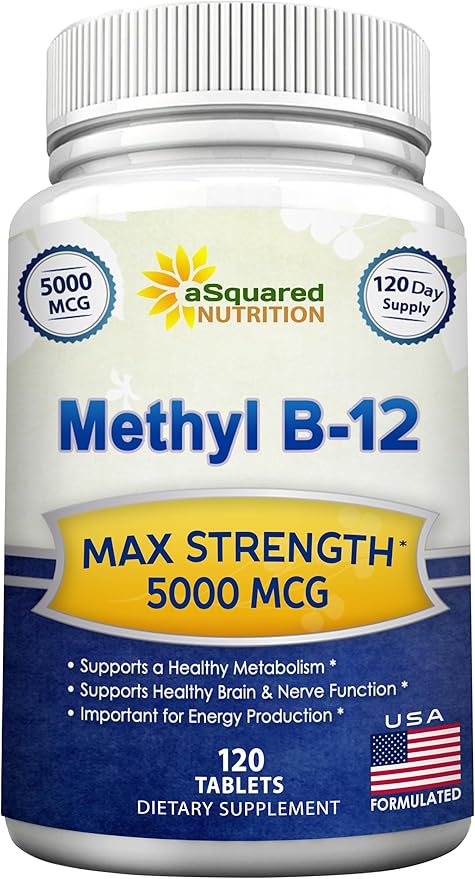 aSquared Nutrition Vitamin B12-5000 MCG Supplement with Methylcobalamin (Methyl B-12) - Max Strength Vitamin B 12 Support to Help Boost Natural Energy, Benefit Brain & Heart Function - 120 Tablets