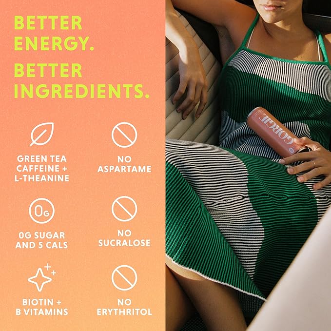 GORGIE Sugar Free Natural Energy Drinks, Sparkling Peach Tea (12 Pack) - Healthy Energy Drinks - Natural Coffee Replacement with Green Tea Caffeine and Biotin - 150mg Caffeine, Vegan, & Low Calorie