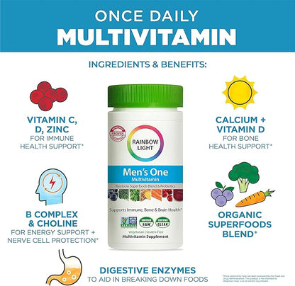 Rainbow Light Multivitamin for Men, Vitamin C, D & Zinc, Probiotics, Men's Multivitamin Provides High Potency Immune, Heart, & Liver Support, Non-GMO, Vegetarian, 120 Tablets