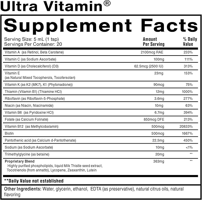 Quicksilver Scientific Liposomal Ultra Vitamin - Liquid Multivitamin & Antioxidant Supplement for Energy, Liver Health & Brain Support - Bioactive B Complex, Vitamin C, D, E & K (100ml)