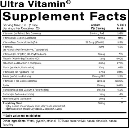 Quicksilver Scientific Liposomal Ultra Vitamin - Liquid Multivitamin & Antioxidant Supplement for Energy, Liver Health & Brain Support - Bioactive B Complex, Vitamin C, D, E & K (100ml)