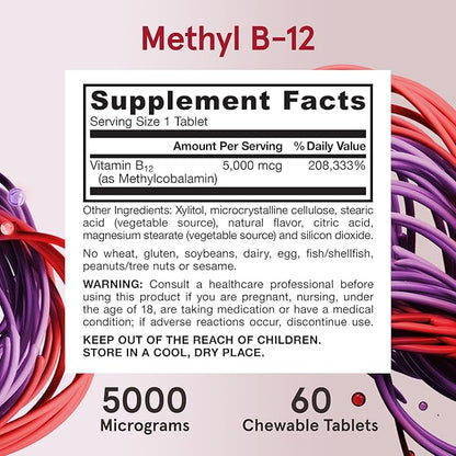 Jarrow Formulas Maximum Strength Methyl B-12 5000 mcg, Dietary Supplement for Cellular Energy Production and Brain Health Support, 60 Cherry-Flavored Chewable Tablets, 60 Day Supply, Pack of 12