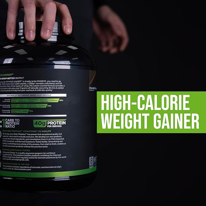 Rule One Proteins, Mass Gainer-Strawberries & Crème, High-Calorie Weight Gain Formula w/ 1,220+ Calories, 250g+ Complex Carb Blend, 40g All-Whey Protein, 8g Fat Per Serving, 12 Pounds, 16 Servings
