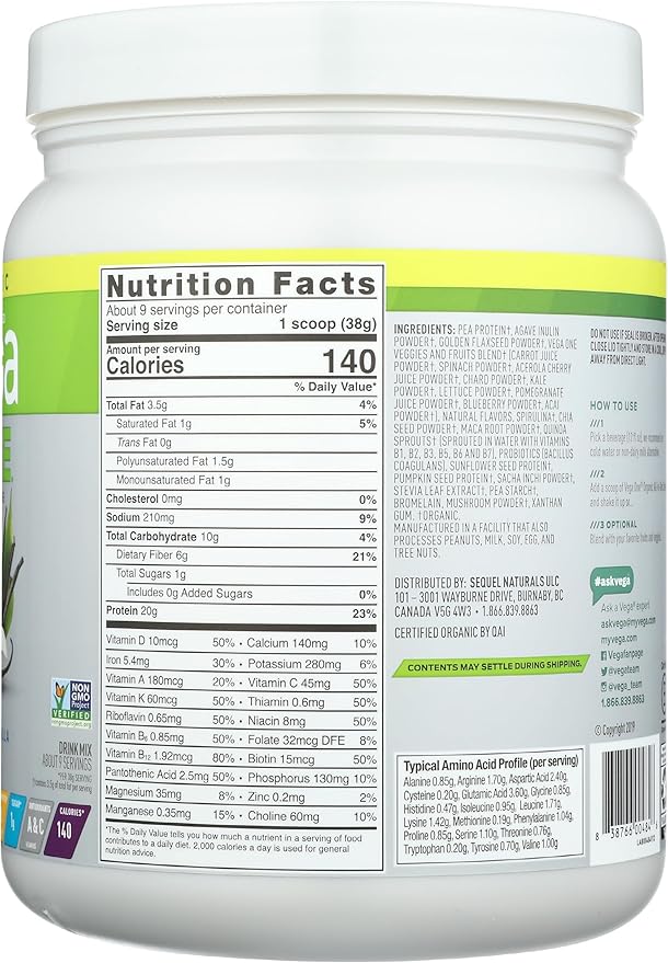 Vega Organic All-in-One Vegan Protein Powder, French Vanilla -Superfood Ingredients, Vitamins for Immunity Support, Keto Friendly, Pea Protein for Women & Men, 12.2 oz (Packaging May Vary)
