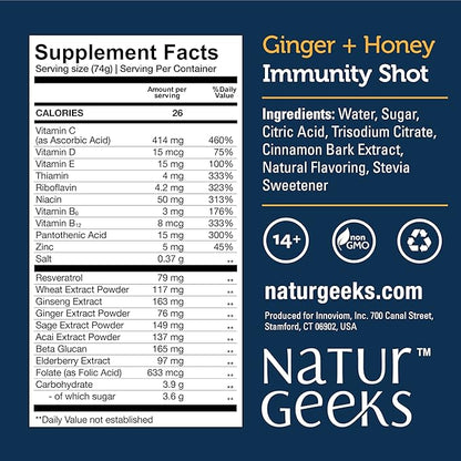 Immunity Support Shots with Organic Ginger + Honey | Vitamins C, D, B6, B12 and Zinc | Liquid Immune Defense Infused with Natural Resveratrol and Spermidine | 6 Pack (2.5 Fl oz)