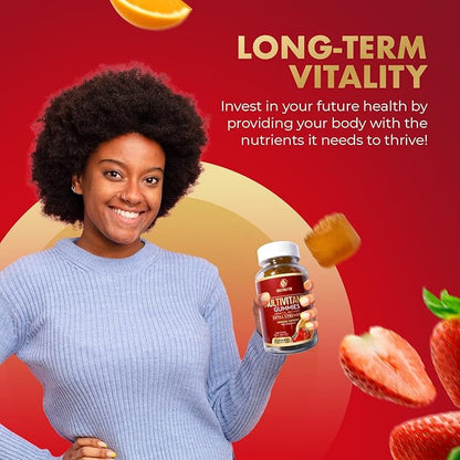 Multivitamin Gummies | Natural Energy & Immune Health Support for Adults | Extra Strength with Vitamin C and B Vitamins | Vegan | Orange & Strawberry Flavor | 60 Gummies (1 Month Supply)