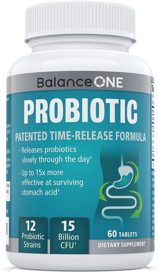 Probiotic, Daily Probiotics for Women & Men, Shelf Stable, 15 Billion CFUs with Prebiotics, 12 Strains, Lactobacillus Plantarum Acidophilus & Paracasei, 60 Time-Release Tablets