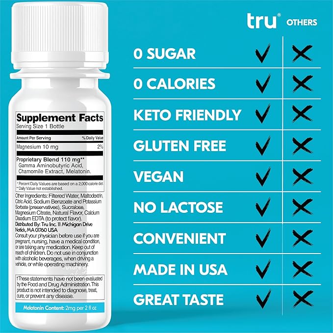 Tru Dream Shot, Cherry Berry Flavored Deep Sleep Aid Shots - Zero Sugar Calm Sleep Drink plus Melatonin, GABA, Chamomile - Caffeine Free, GF, Keto, Natural Flavors, Vegan Supplement, 2oz (Pack of 24)