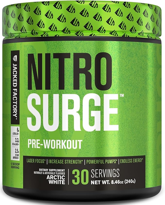 Jacked Factory NITROSURGE Pre Workout Supplement - Endless Energy, Instant Strength Gains, Clear Focus, Intense Pumps - NO Booster & Powerful Preworkout Energy Powder - 30 Servings, Arctic White