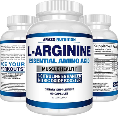 Arazo Nutrition Premium L Arginine - 1340mg Nitric Oxide Booster with L-Citrulline & Essential Amino Acids for Muscle Gain and Energy - Powerful NO Booster to Train Longer & Harder – 60 Capsules