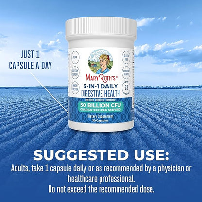 MaryRuth Organics 3 in 1 Probiotics for Digestive Health | Prebiotic & Postbiotic | Gut Health Supplement for Women & Men | Powder Probiotics for Women | Immune Support | 50 Billion CFU | 0.5 oz