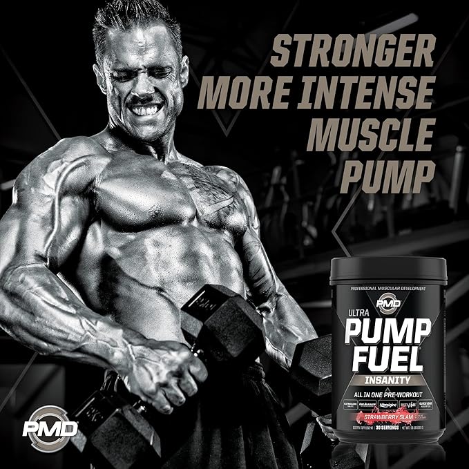 PMD Sports Ultra Pump Fuel Insanity - Pre Workout Drink Mix for Energy, Strength, Endurance, Recovery - Complex Carbohydrates and Amino Energy - Strawberry Slam (30 Servings)
