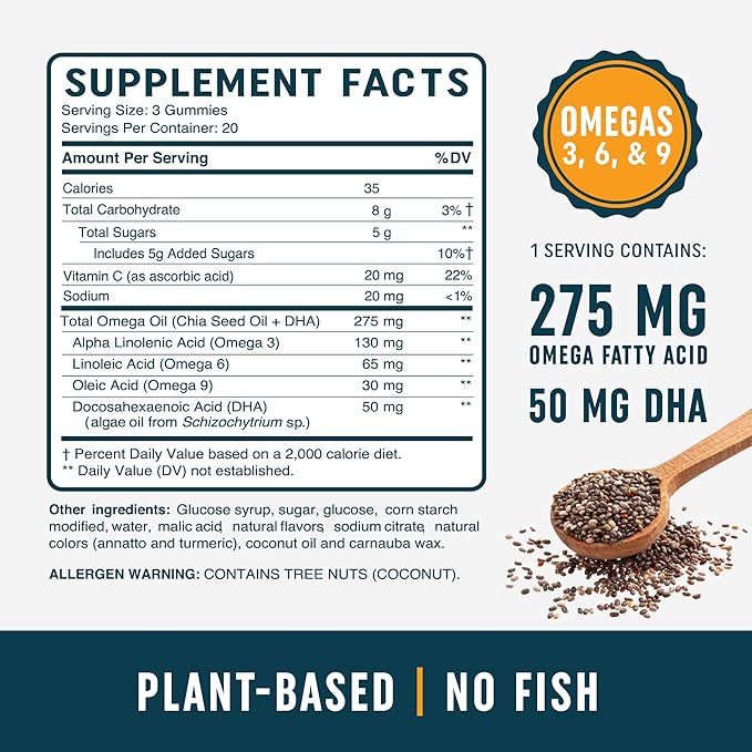 Omega 3 6 9 + DHA Gummies | Plant-Based Triple Omegas from Algae & Chia Seed Oil | with 50mg of DHA | Vegetarian, Non-GMO, Gluten-Free, Essential Fatty Acid Supplements for Adults | 60 Gummies