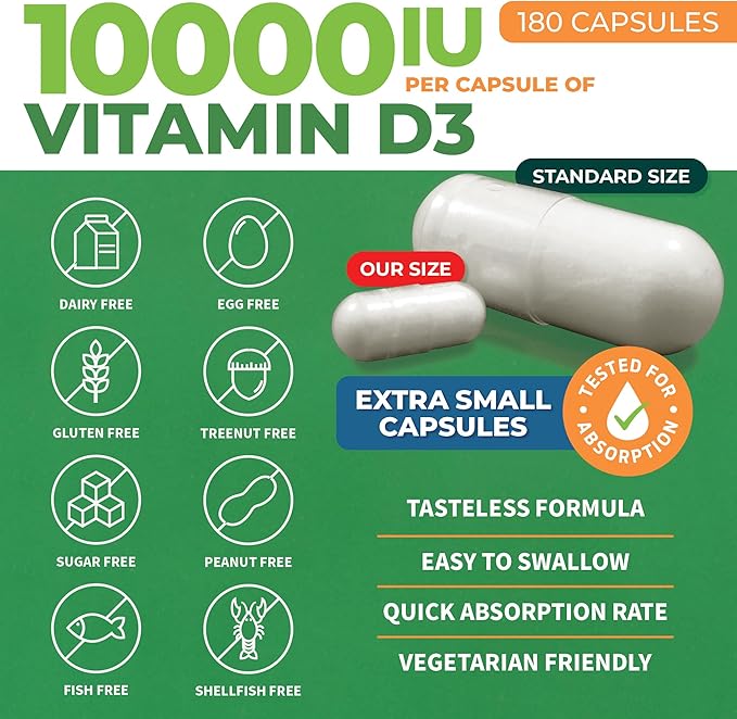ForestLeaf Vitamin D3 10000IU - Bone Health and Immune Support - Small Easy to Swallow Capsules - Non-GMO Gluten Free VIT D - VIT D3 Vitamin D Supplements for Women and Men, 180 Count