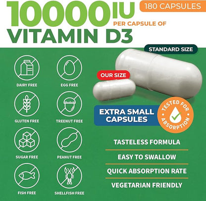 ForestLeaf Vitamin D3 10000IU - Bone Health and Immune Support - Small Easy to Swallow Capsules - Non-GMO Gluten Free VIT D - VIT D3 Vitamin D Supplements for Women and Men, 180 Count