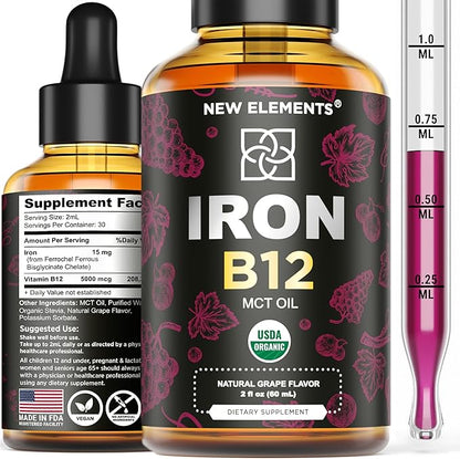 Liquid Iron Supplement for Women & Men with Vitamin B12 5000mcg - Free Blood Builder for Anemia - Liquid Vitamin B12 Drops for Adults with MCT Oil, Natural Grape Flavor, 2 Fl Oz