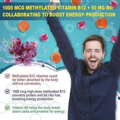 Focus Memory & Energy Gummies, L-Tyrosine + Methyl B12 1000mcg, B6 50mg, D3 C, Lion's Mane Mushroom, for 15+ Students, Office Worker, Multivitamin, Herb Blend for Seniors Brain & Cognition, Sugar Free