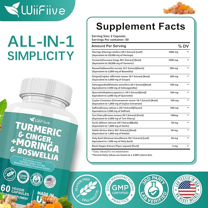 Turmeric Curcumin 30000mg Moringa 50000mg Boswellia 3000mg Cinger 3000mg Cinnamon Saffron Joint Support Supplement for Women and Men with Quercetin Holy Basil Garlic Nettle, 60 Capsules