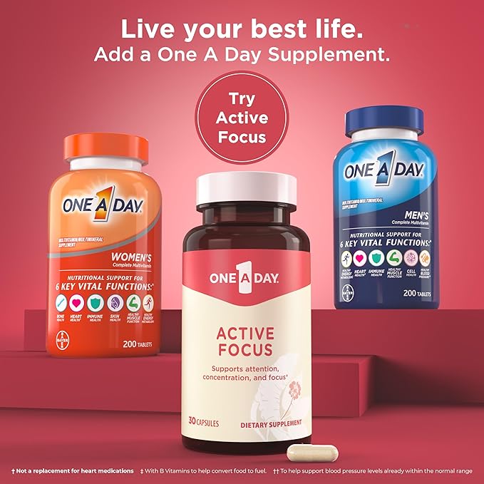 One A Day Brain Supplement – Brain Supplements for Memory and Focus Support, Concentration and Focus Support, Focus Supplement for Adults with L-theanine, Caffeine and Ginseng, 30 Capsules