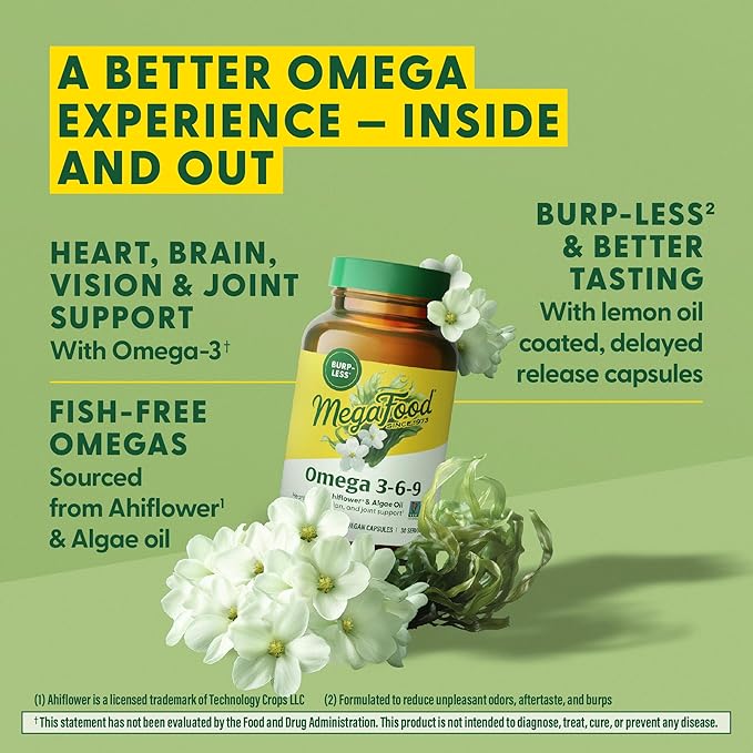 MegaFood Vegan Omega 3 6 9 - Burp-less Omega 3 Supplement - 600 mg Plant-Based Omega-3 & 150 mg DHA Per Serving - Heart, Brain, Vision & Joint Support - Fish Oil Alternative - 60 Capsules, 30 Servings