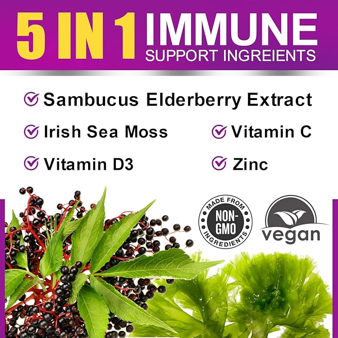 Elderberry & Irish Sea Moss Gummies, Organic Black Sambucus Elderberry Gummies with Seamoss, Zinc, Vitamin C, D3 for Kids, Elderberry Vitamin Supplements for Immune & Energy Support - Vegan