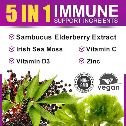 Elderberry & Irish Sea Moss Gummies, Organic Black Sambucus Elderberry Gummies with Seamoss, Zinc, Vitamin C, D3 for Kids, Elderberry Vitamin Supplements for Immune & Energy Support - Vegan