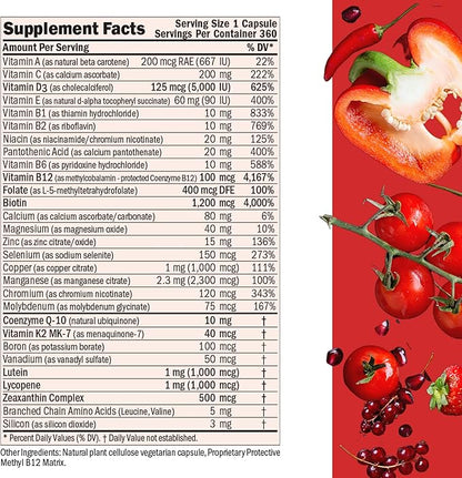 ANDREW LESSMAN Essential-1 Multivitamin 5000 IU Vitamin D3 360 Small Capsules – 100 mcg Methyl B12. CoQ10 Lutein Lycopene Zeaxanthin. High Potency. No Additives. Gentle Ultra-Mild. One Daily Capsule