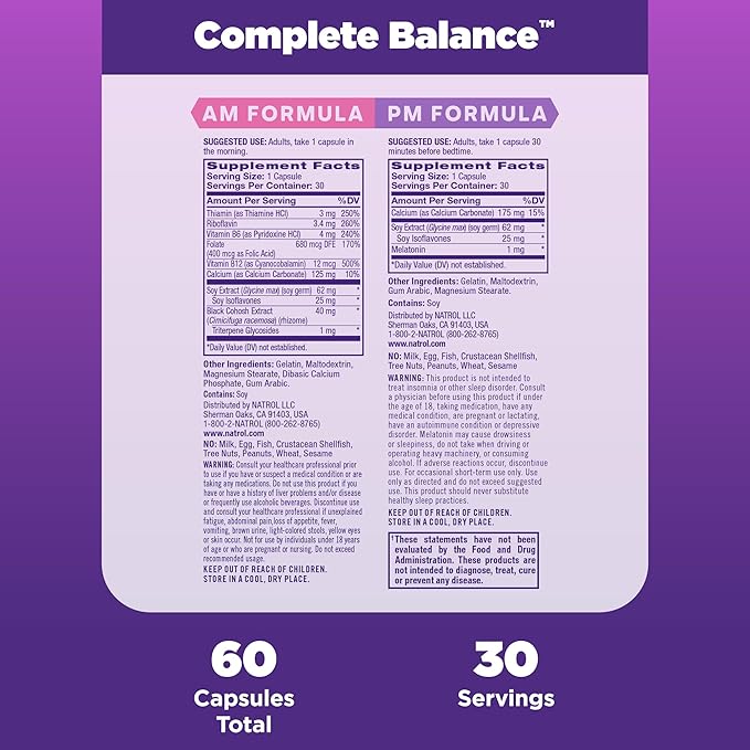Natrol Complete Balance, Dietary Supplement for Menopause Relief, A.M./P.M. Menopause Relief for Women, 60 Capsules, Up to a 30 Day Supply