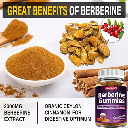 Berberine Gummies with Ceylon Cinnamon， 2000mg Berberine HCI Supplement for Men & Women, Orange Flavored Vegan Sugar Free Gummies (60 Count)(Pack of 1)