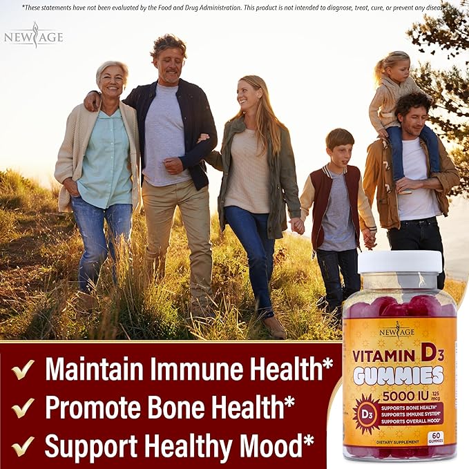 NEW AGE Vitamin D3 5000 IU 125mcg Gummies - Support Immune Support, Strong Bone Health - Non-GMO, Gluten-Free, Dairy-Free, No Gelatin (180 Gummies (Pack of 3))