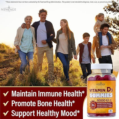 NEW AGE Vitamin D3 5000 IU 125mcg Gummies - Support Immune Support, Strong Bone Health - Non-GMO, Gluten-Free, Dairy-Free, No Gelatin (180 Gummies (Pack of 3))