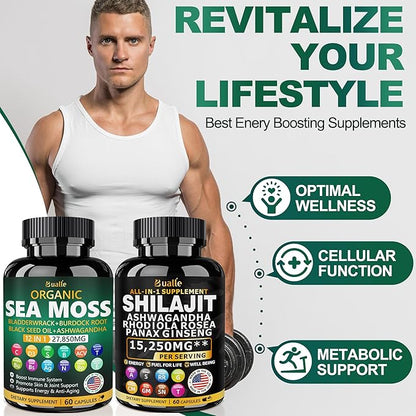 Sea Moss and Shilajit Bundle - 60 Count - Sea Moss 18000mg, Black Seed Oil 4000mg, Ashwagandha 1000mg, Ginger & Shilajit 9000mg, Rhodiola Rosea 1000mg, All in 1 Supplements (2 Pack)