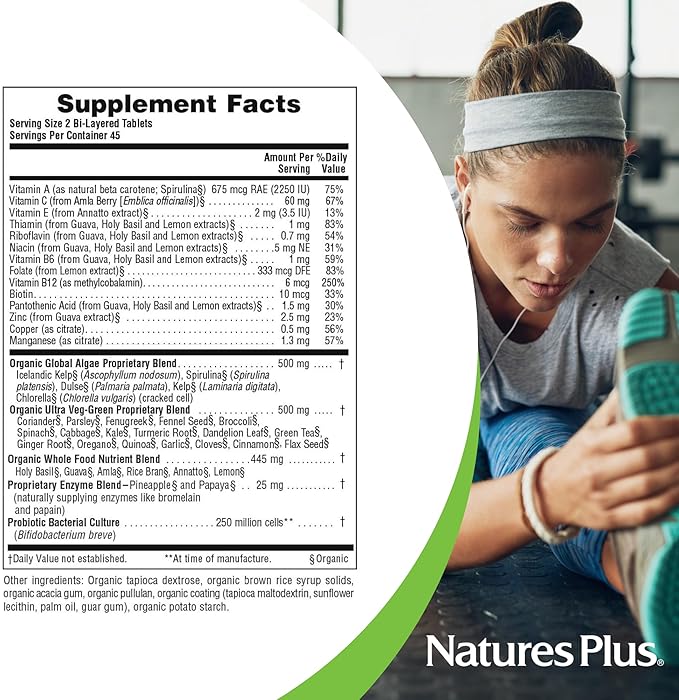 Natures Plus Ultra Juice Green Multivitamin - 90 Vegetarian Tablets, Bilayered - Multinutrients - Whole Green Foods & Global Algae - Non-GMO, Organic, Gluten-Free - 45 Servings