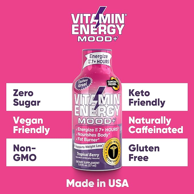 Mood Support Vitamin Energy Drink - Sugar Free, Keto/Vegan Friendly Shots | Mood Balancing with Rhodiola and Chamomile | Energize up to 7+ Hours | Tropical Berry - 1.93 Fl Oz - Pack Of 4