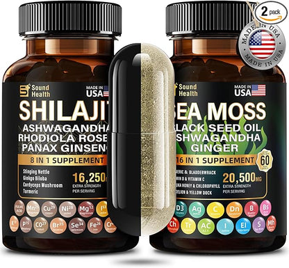 Wild Organic Irish Sea Moss and Shilajit - 8000mg Sea Moss, 10000mg Shilajit, Ashwagandha 2000mg, Ginseng, Vitamin C, Vitamin D3, Black Seed Oil - 2 Bottles of 60 Capsules