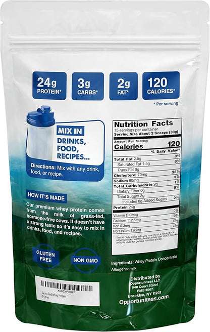 Grass Fed Whey Protein Powder Concentrate - Unflavored & Unsweetened - Pure Protein Supplement for Drink, Smoothie, Shake, Cooking & Baking - Non GMO, Hormone Free & Gluten Free - 1 Pound