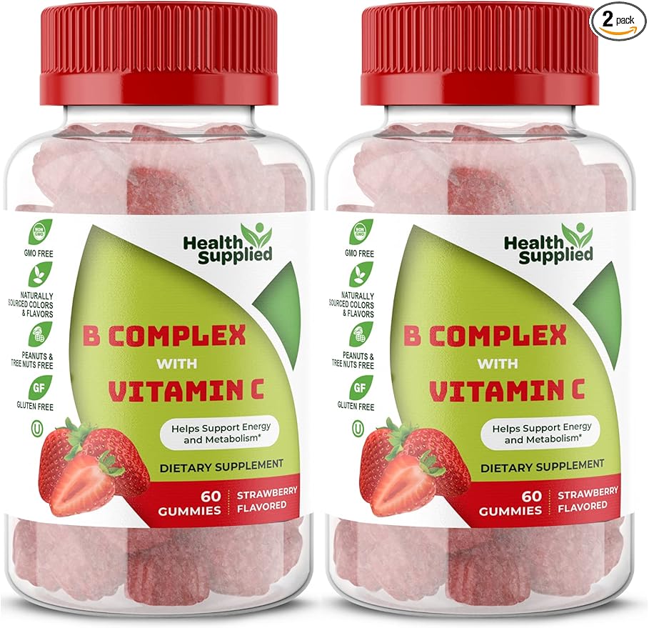 Strawberry Flavored Vitamin B Complex Gummies - B Complex with Vitamin C - Supports Nervous System and Boosts Energy Levels - Assists with Cognitive Function - Great Tasting and Easy to Swallow