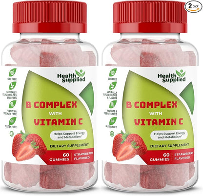 Strawberry Flavored Vitamin B Complex Gummies - B Complex with Vitamin C - Supports Nervous System and Boosts Energy Levels - Assists with Cognitive Function - Great Tasting and Easy to Swallow