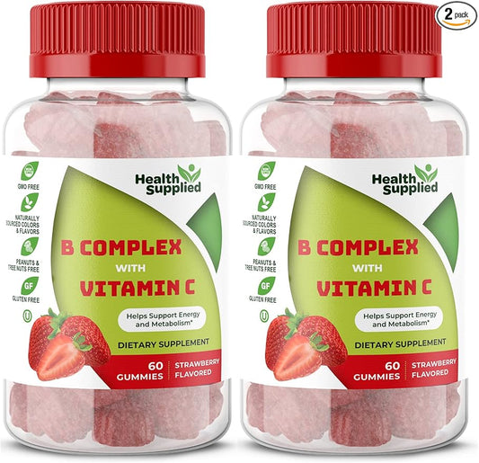 Strawberry Flavored Vitamin B Complex Gummies - B Complex with Vitamin C - Supports Nervous System and Boosts Energy Levels - Assists with Cognitive Function - Great Tasting and Easy to Swallow