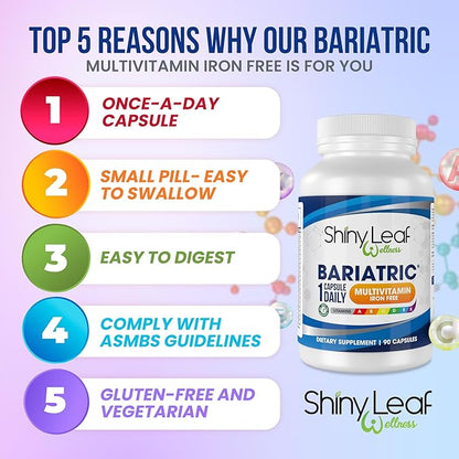 Shiny Leaf Bariatric Multivitamin Iron-Free Capsules for Post Bariatric Surgery Patients, Once Daily Bariatric Vitamins Without Iron for WLS, Sleeve, Gastric Bypass Surgery (1 Month / 30 Caps)