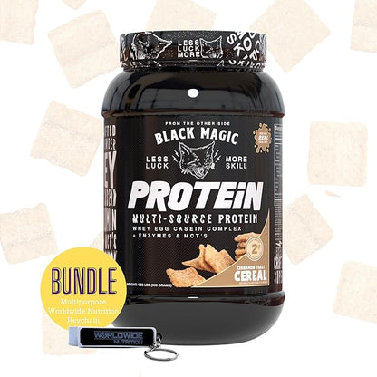 Worldwide Nutrition Bundle: Black Magic Multi-Source Protein Powder Whey, Egg Albumin Enzymes, Micellar Casein & MCTs Muscle Mass Gaining Cinnamon Toast Flavor - 2 LB & Multi-Purpose Keychain