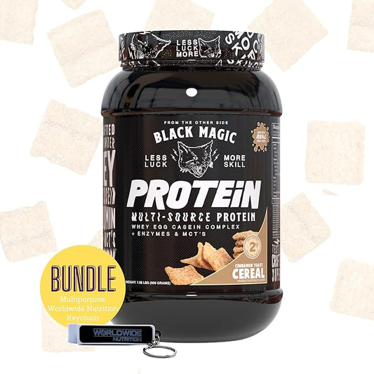Worldwide Nutrition Bundle: Black Magic Multi-Source Protein Powder Whey, Egg Albumin Enzymes, Micellar Casein & MCTs Muscle Mass Gaining Cinnamon Toast Flavor - 2 LB & Multi-Purpose Keychain