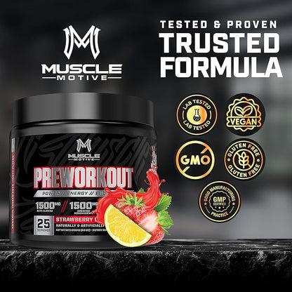 Pre Workout Powder with Beta Alanine, Creatine Monohydrate, BCAA, L Citrulline, L Arginine and Caffeine - Strawberry Lemonade Flavor - 25 Servings