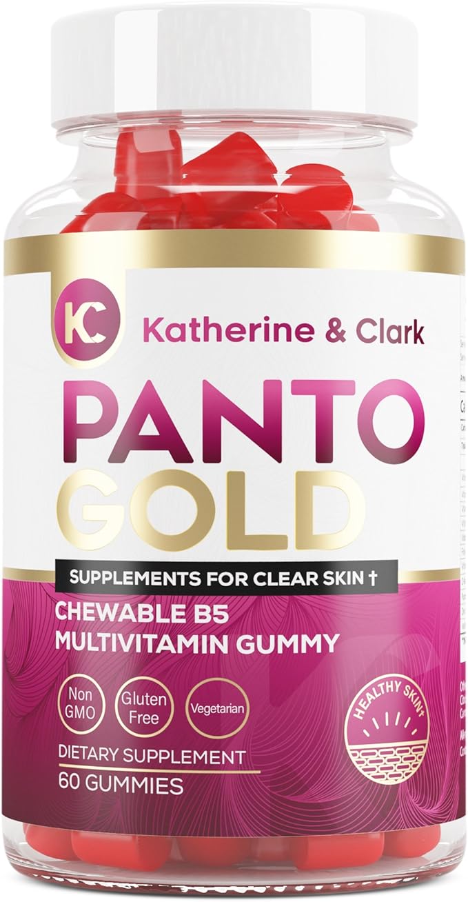 Panto Gold Vitamin B5 Pantothenic Acid Gummies for Acne - Hair Skin and Nails Gummies - Biotin, Zinc, Folic Acid Chewable Non-GMO Gluten-Free for Body - Oily Skin Gummies - 60 Count