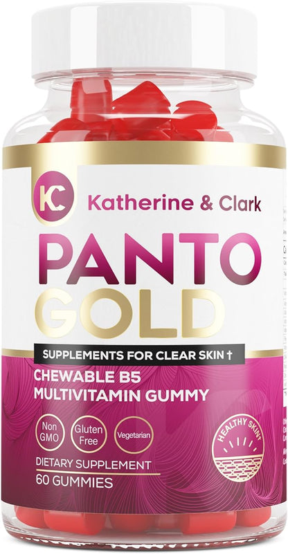 Panto Gold Vitamin B5 Pantothenic Acid Gummies for Acne - Hair Skin and Nails Gummies - Biotin, Zinc, Folic Acid Chewable Non-GMO Gluten-Free for Body - Oily Skin Gummies - 60 Count