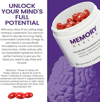 Brain Supplement for Memory and Focus with Vitamin E (90 softgels/30 Servings) - Brain Booster Softgels for Clarity, Energy-Supplements for Concentration-Omega 3, Carotenoid